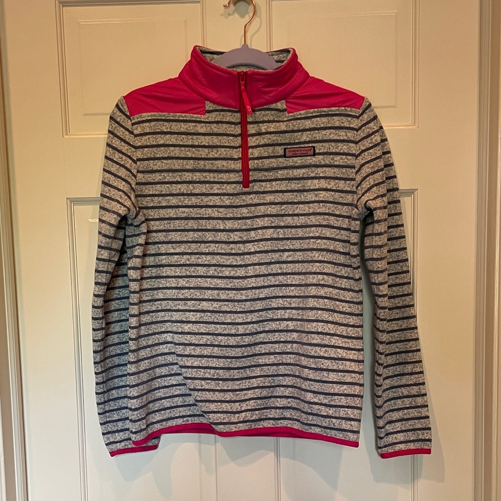 Vineyard Vines Women’s Quarted Zip Blue Stripe w/ Hot Pink Accents, Size XS